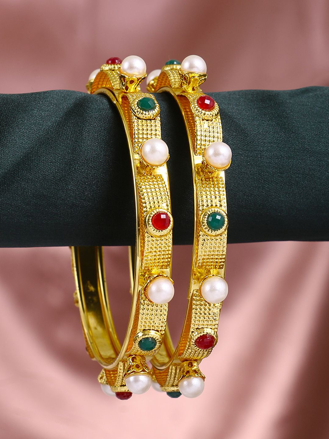 

Anouk Set Of 2 Gold-Plated Stone-Studded & Pearls Beaded Bangles