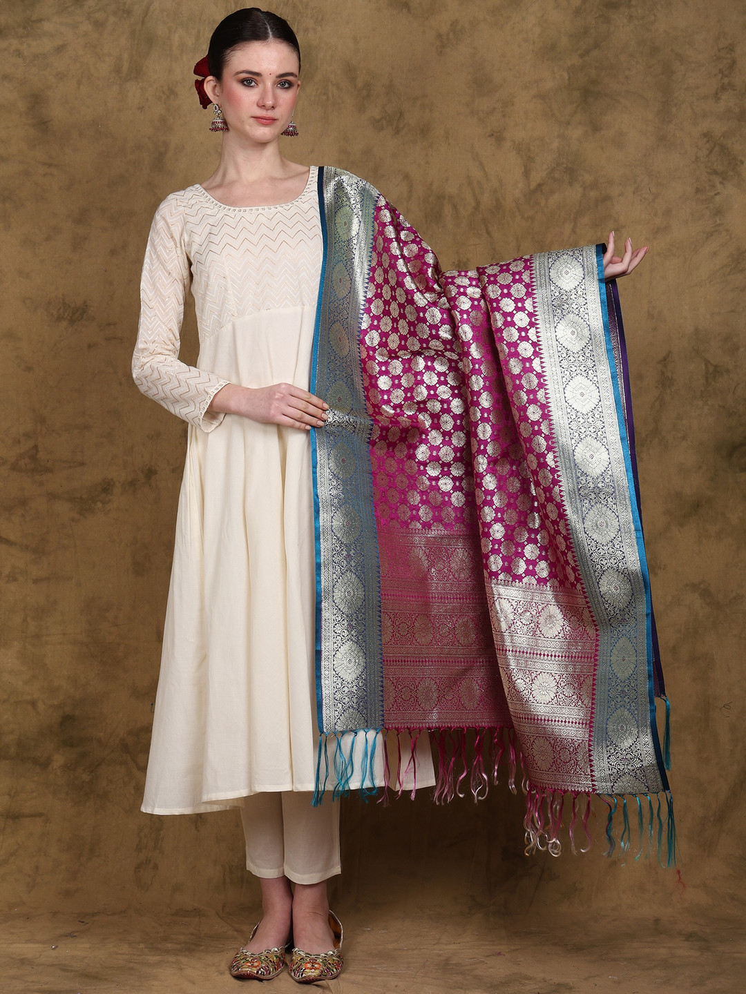 

Exotic India Banarasi Dupatta with Zari Woven Golden Floral Bootis and Contrast Border, Purple