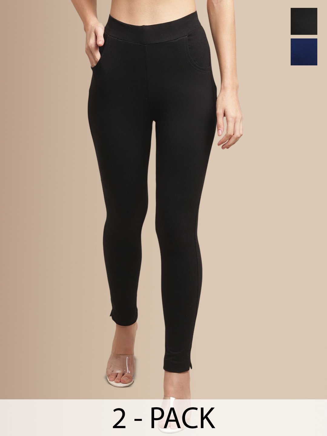

Valles365 by S.C. Women Pack Of 2 Cotton Ankle-Length Leggings with Pocket, Black