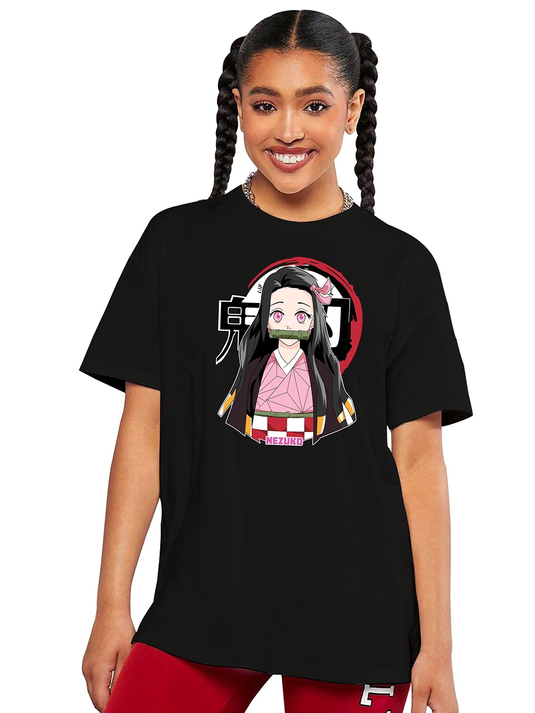 

MODARUE Girls Graphic Printed Round Neck Cotton Oversized T-shirt, Black