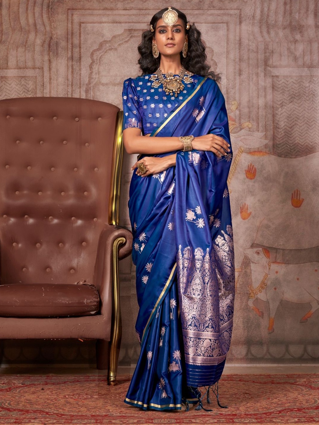 

BLENDIFY Ethnic Motifs Zari Satin Banarasi Saree, Blue