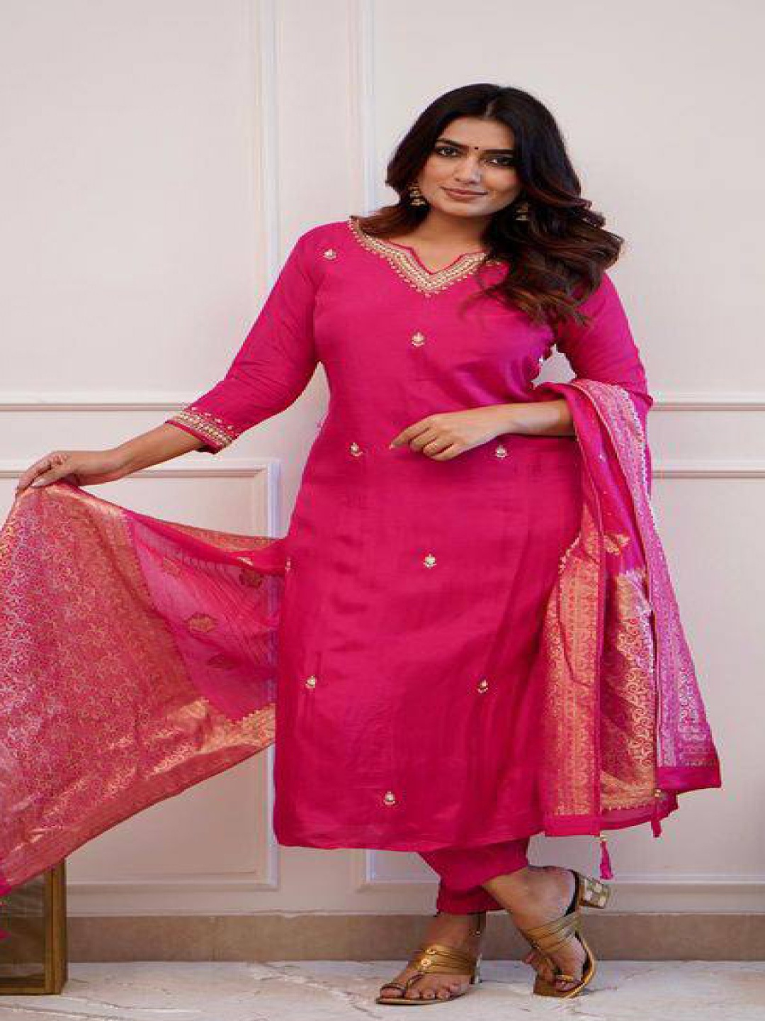 

KALINI Floral Embroidered Beads And Stones Kurta With Trouser And Dupatta, Pink