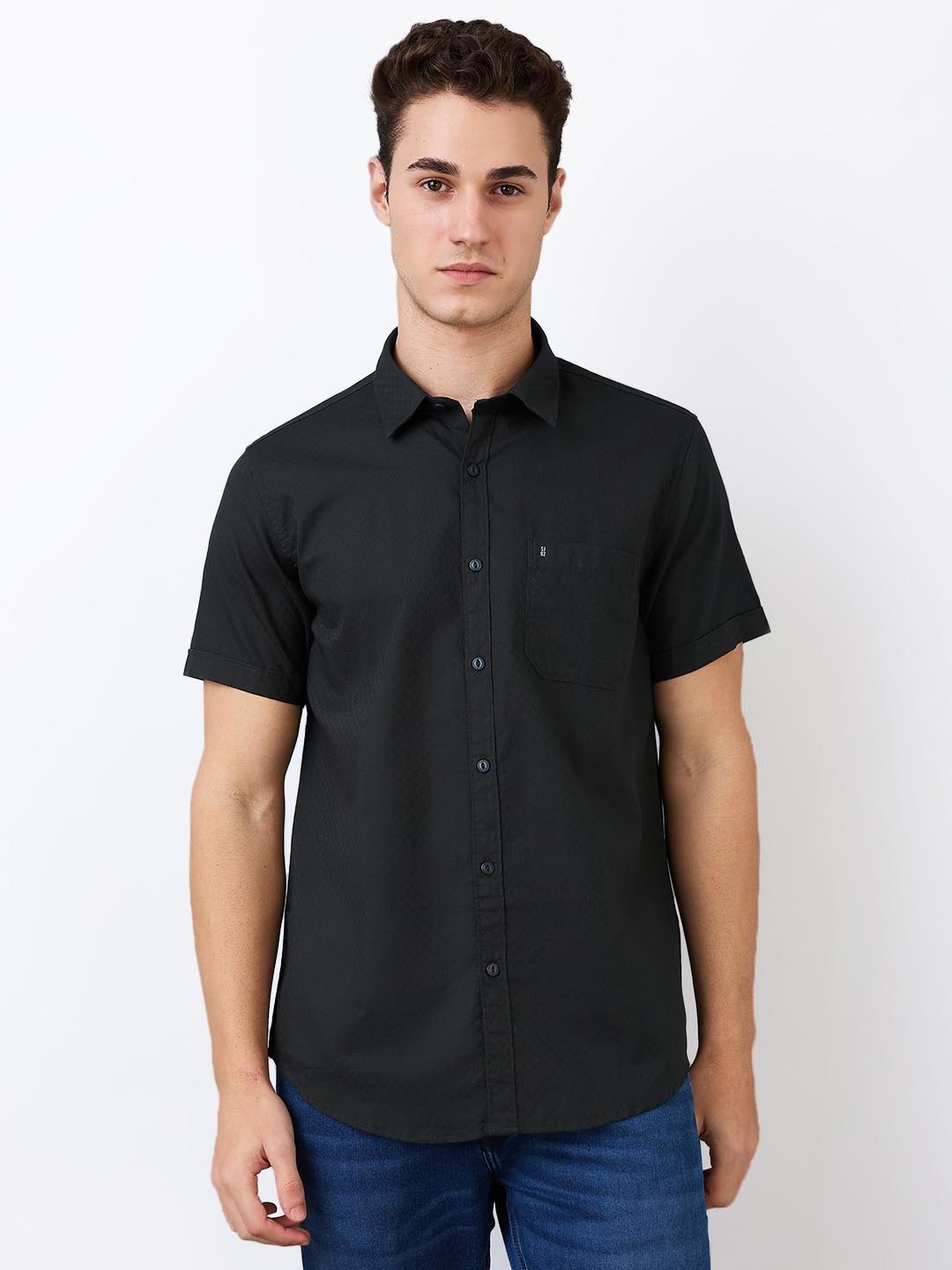

SPYKAR Men Spread Collar Textured Cotton Casual Shirt, Black