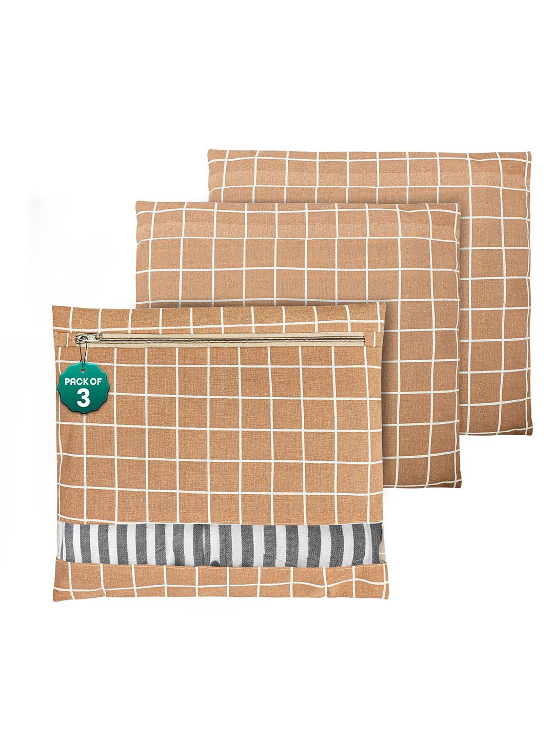 

Kuber Industries Brown & White 3 Pieces Checked Mesh Cotton Clothes Organisers