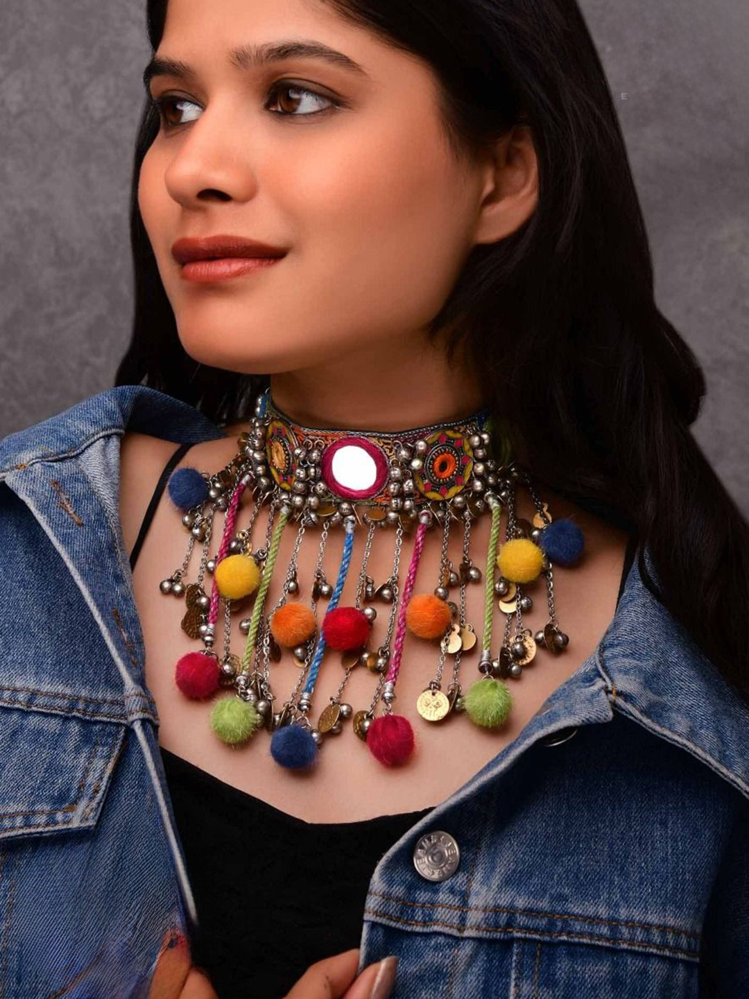 

EVERSTYLISH Sanjoya Mirror, Beads & Coins & Embroidered Oxidised Neckpiece, Green