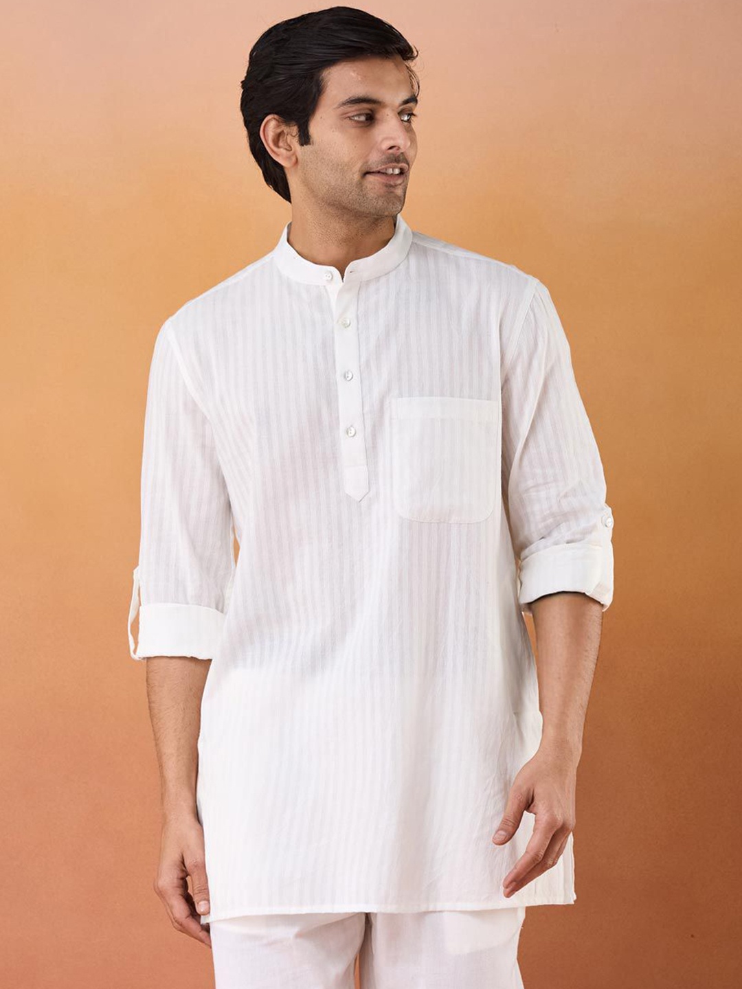 

Fabindia Woven Design Mandarin Collar Cotton Straight Short Kurta, White