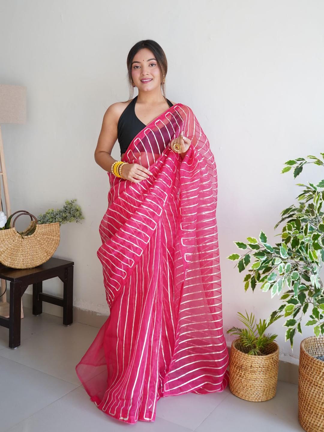 

ODETTE Striped Embroidered Organza Saree, Pink