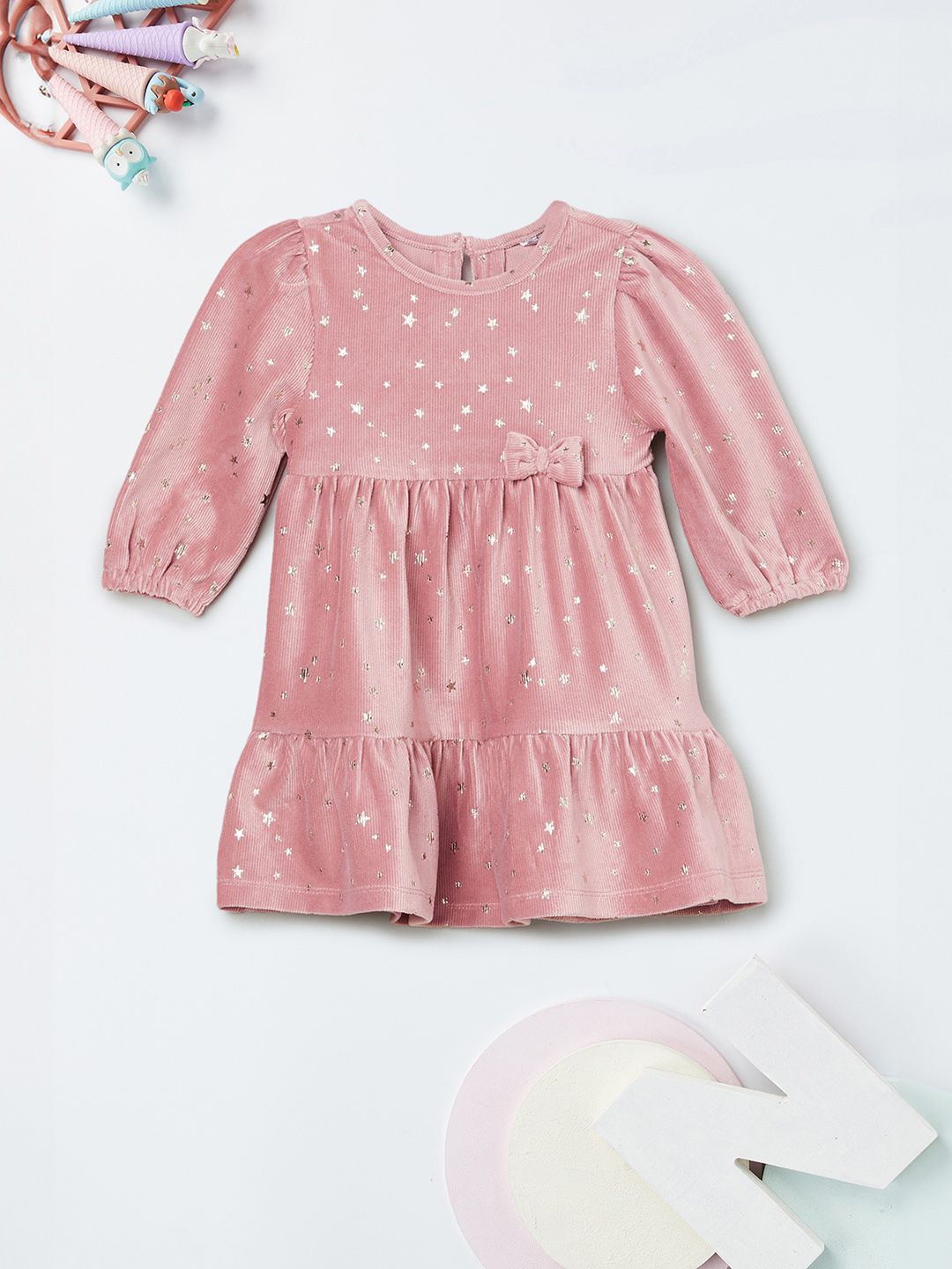

max Girls Stars Printed Puff Sleeve Tiered Fit and Flare Dress, Pink
