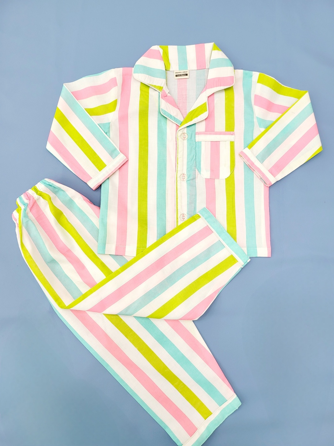 

Freesia Array Kids Striped Pure Cotton Night suit, White