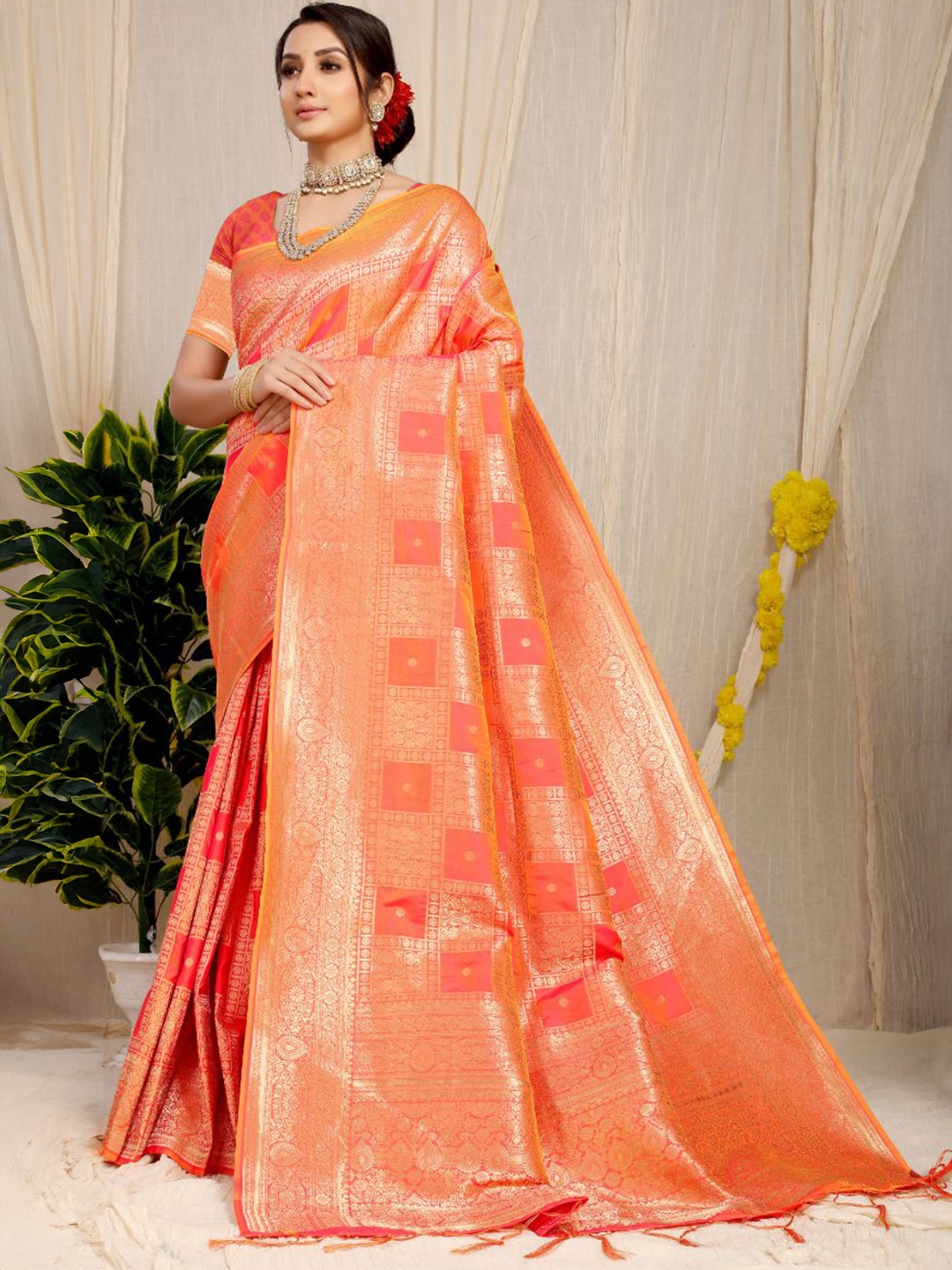 

amirat Buti Box Woven Design Zari Pure Silk Banarasi Saree, Orange