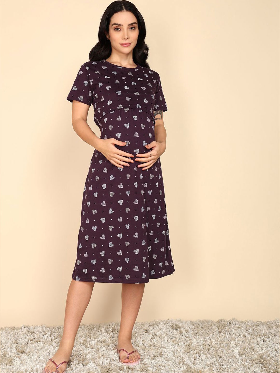 

Moms Ever Printed Maternity & Feeding Loungewear Dress, Burgundy