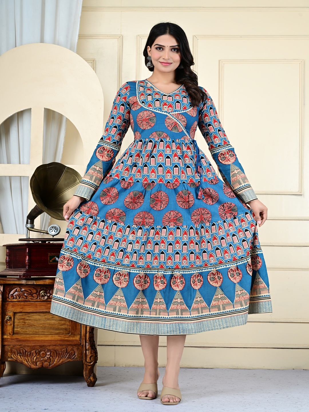 

Divsy Fashion Floral Printed V-Neck Anarkali Ethnic Dress, Blue