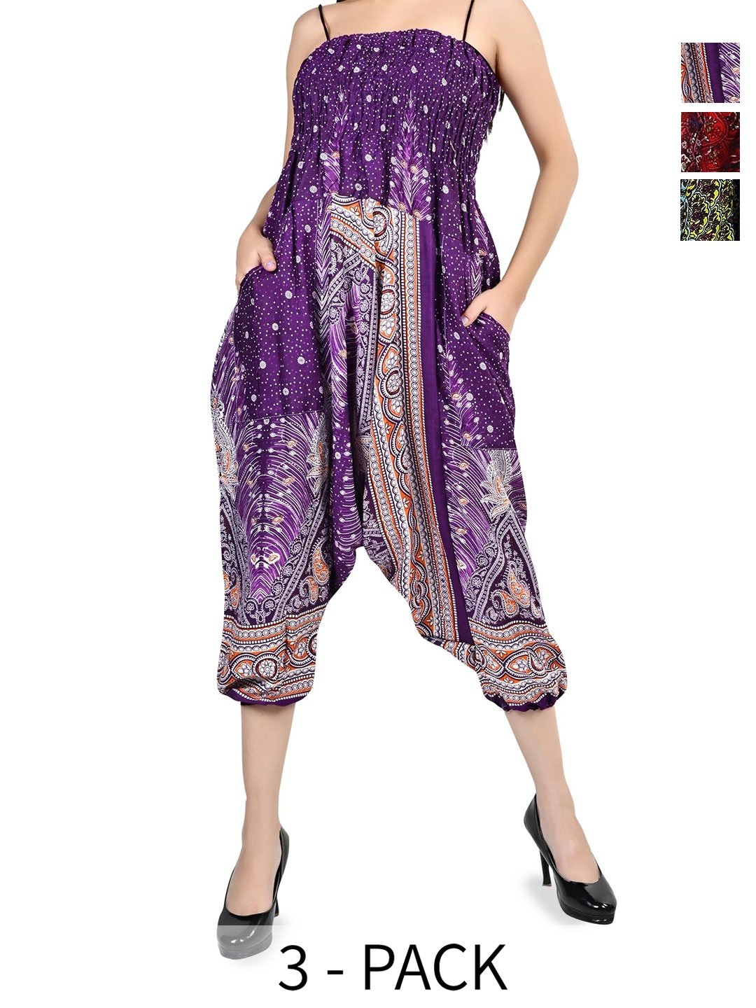 

NarNari Women Pack Of 3 Printed Mid-Rise Harem Pants, Purple