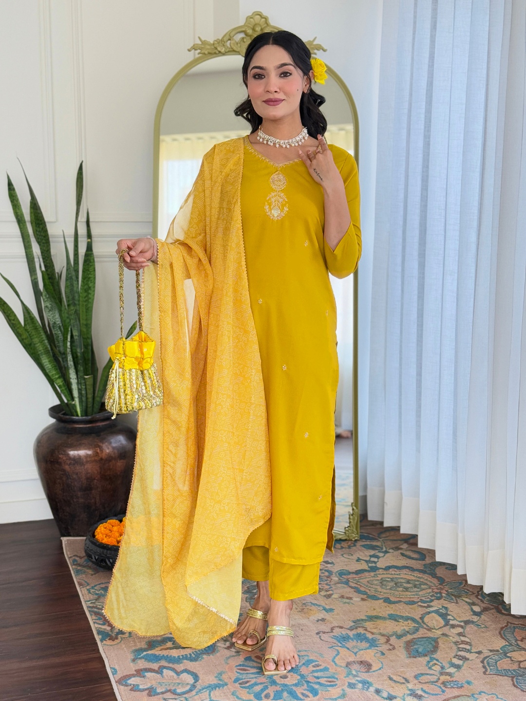 

KALINI Ethnic Motifs Yoke Design V-Neck Sequinned Straight Kurta With Trousers And Dupatta, Yellow