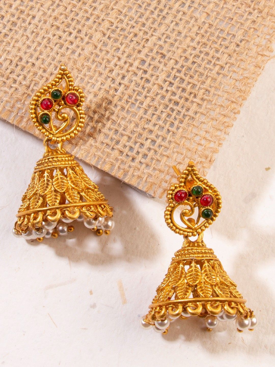 

Anouk Red And Green Gold-Plated Ruby Studded Dome Shaped Jhumkas