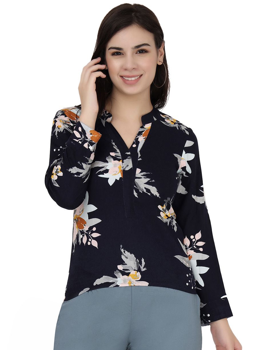 

PRIDEWEAR Floral Print Mandarin Collar Roll-Up Sleeves High-Low Top, Navy blue