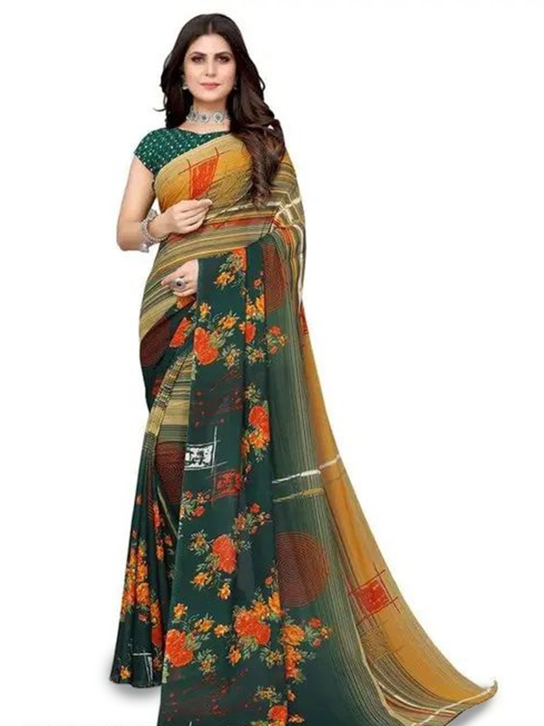 

HERE&NOW Floral Poly Georgette Saree, Green