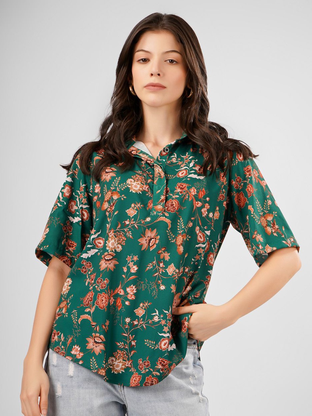 

Sukshat Floral Print Crepe Shirt Style Top, Green
