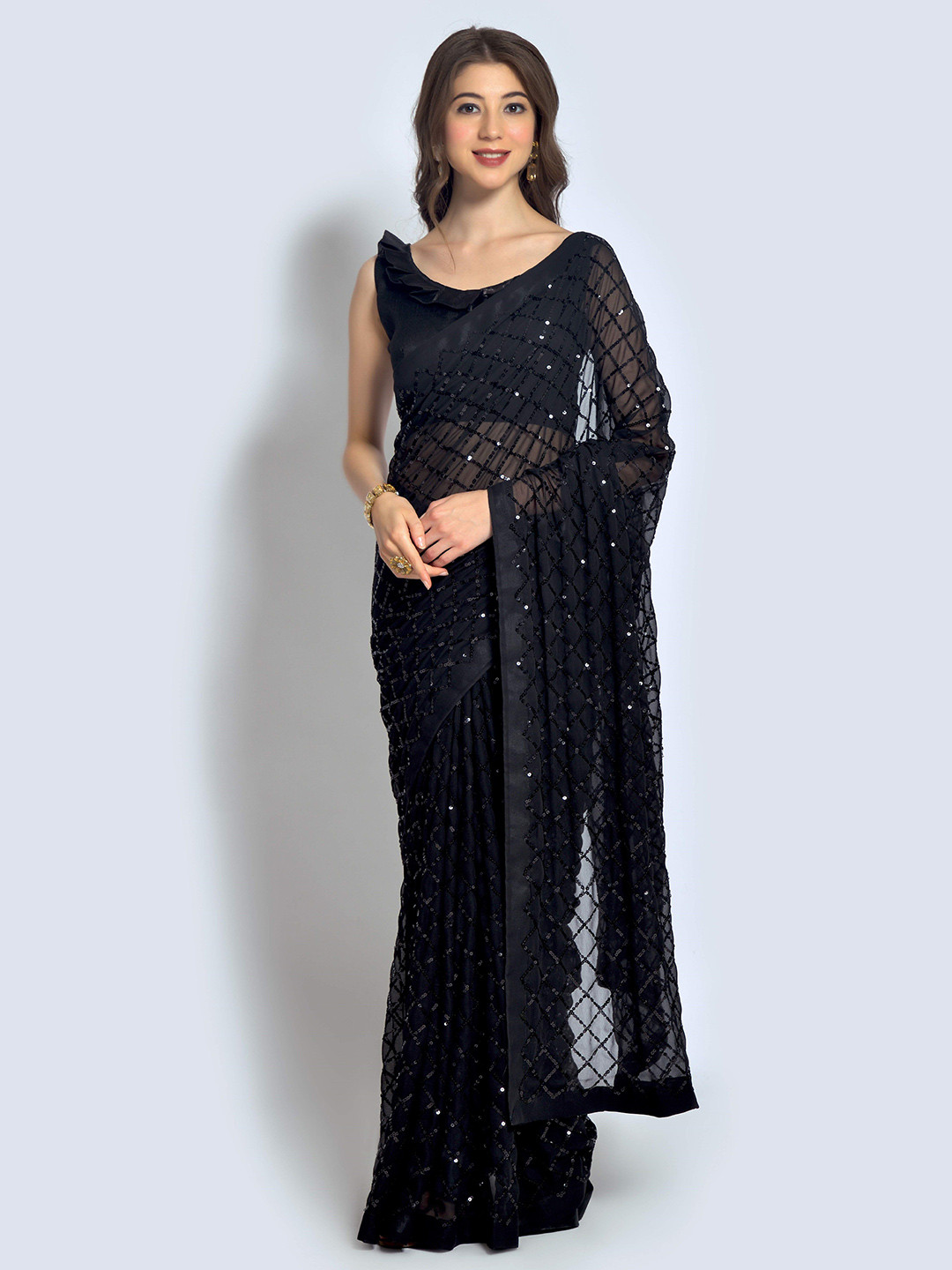 

Moda Rapido Embellished Sequinned Pure Georgette Saree, Black