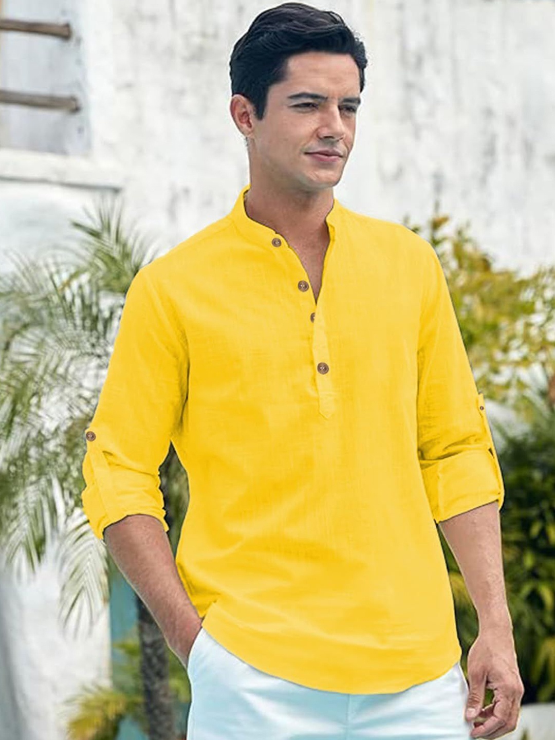 

Vida Loca Cotton Band Collar Slim Fit Short Kurta, Yellow