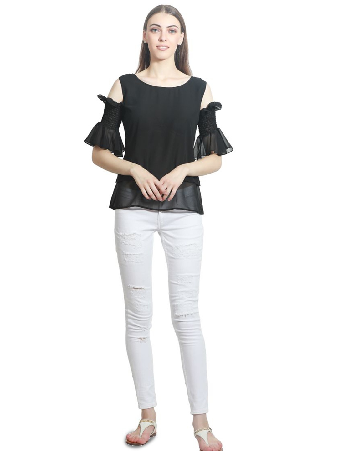 

DELIS Cold-Shoulder Monochrome Georgette Top, Black