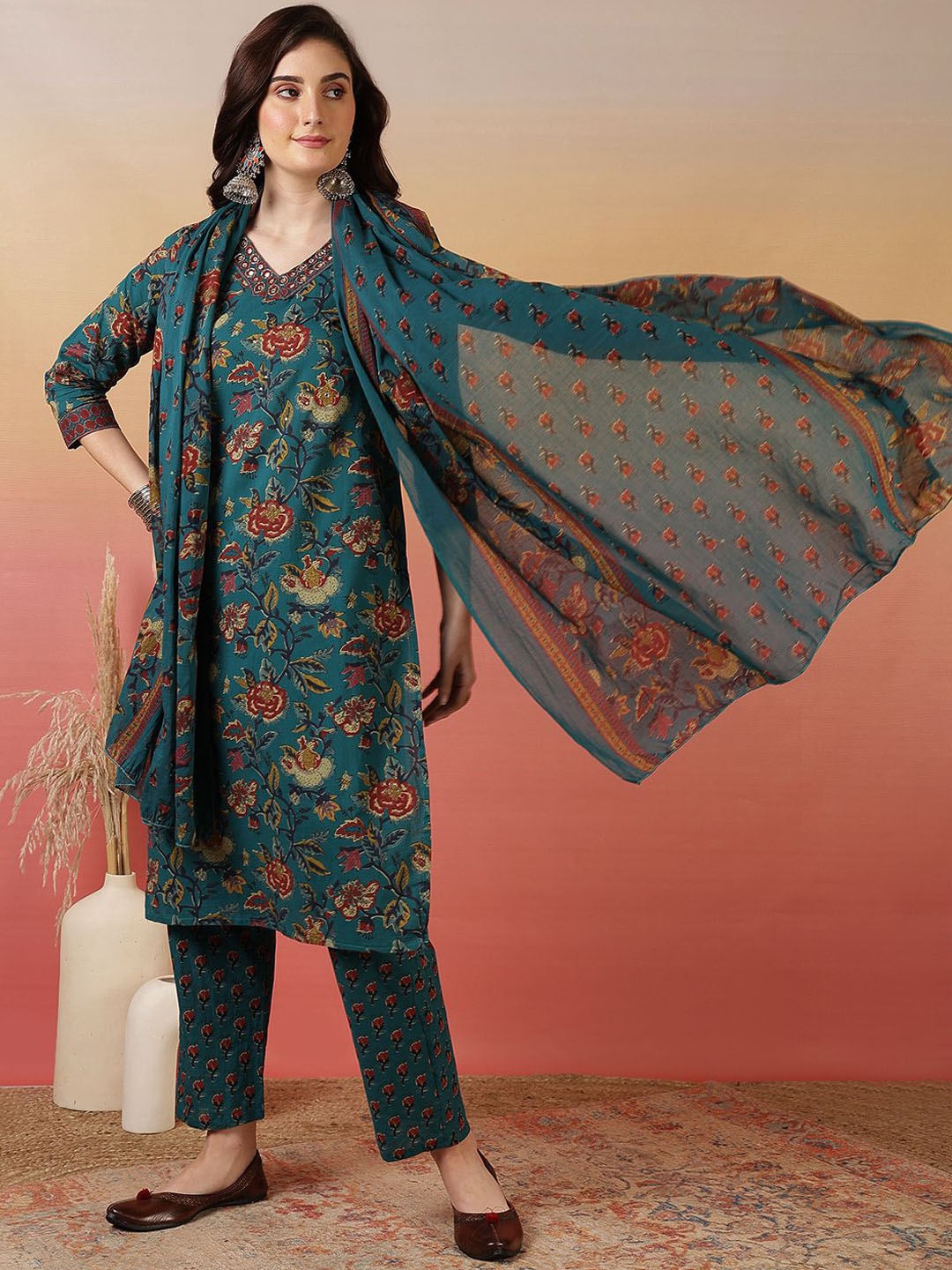 

Sangria Printed Embroidered Pure Cotton Kurta With Trouser & Dupatta, Green