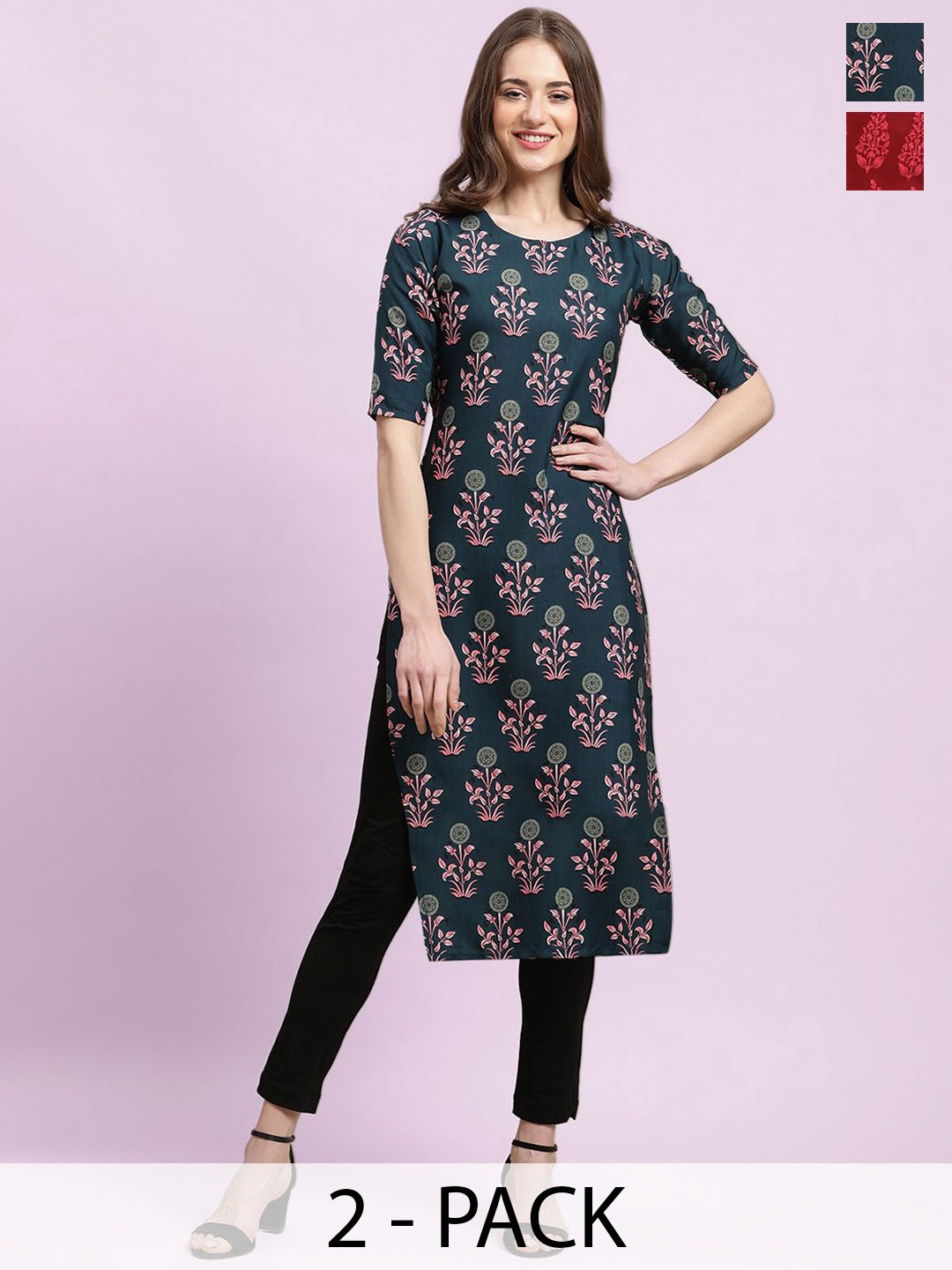 

Moda Rapido Green & Red Selection of 2 Floral Printed Straight Kurtas