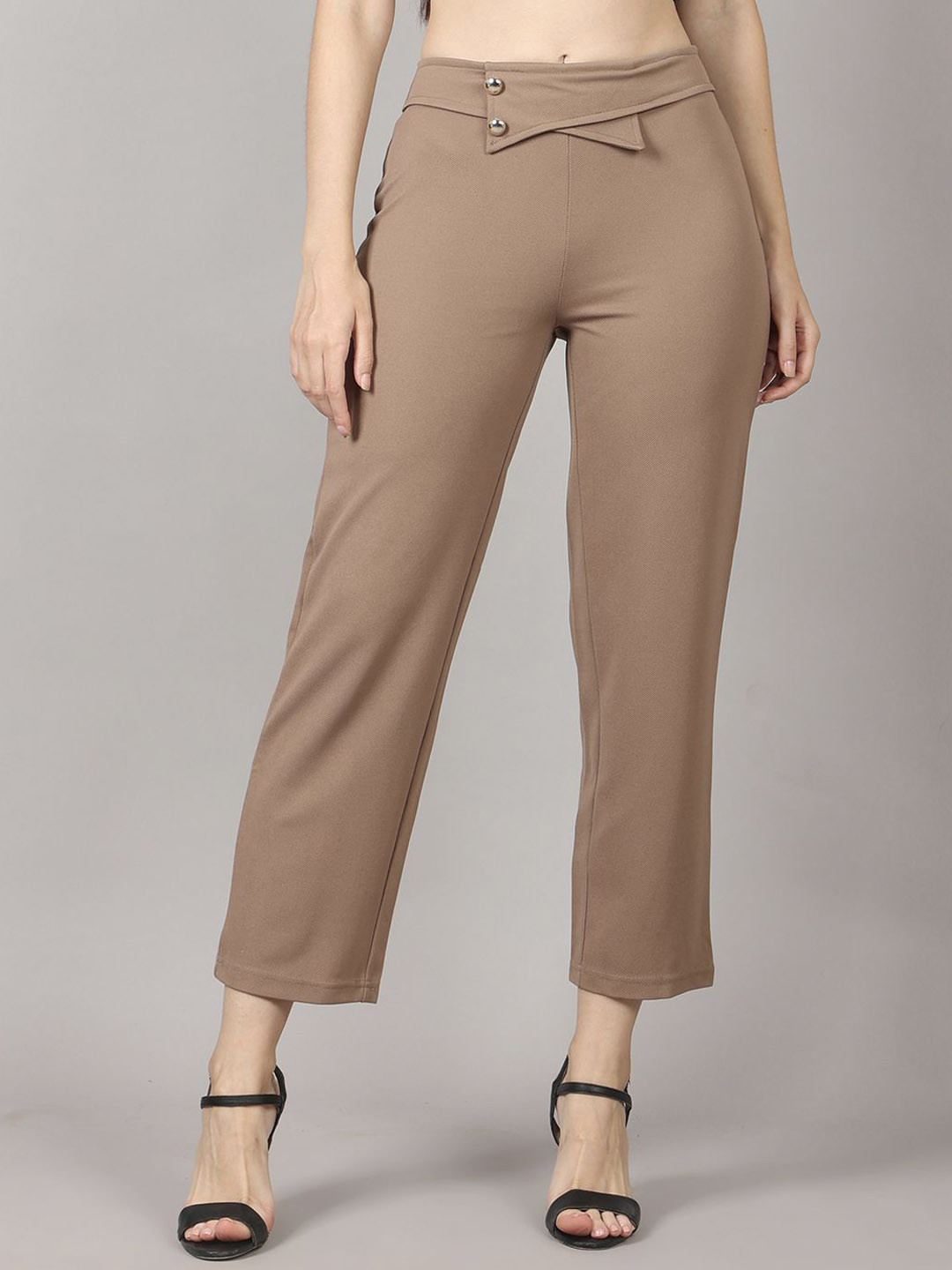 

PRIDEWEAR Women Comfort High-Rise Wrinkle Free Cigarette Trousers, Brown