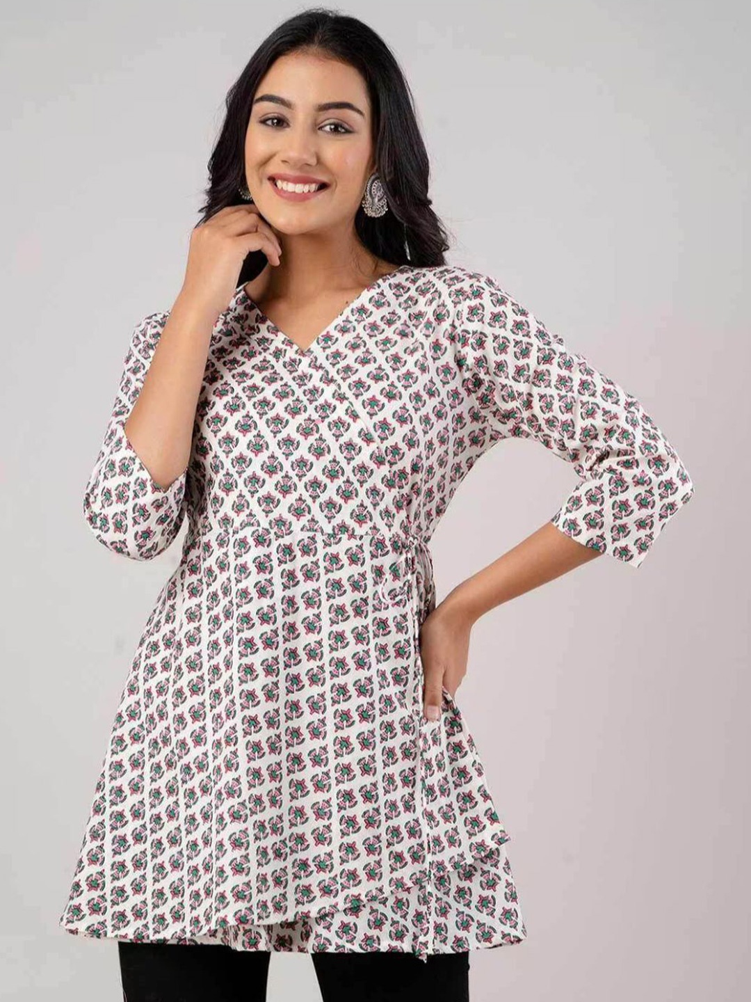 

Rangun Women Floral Printed V-Neck Wrap Top, White