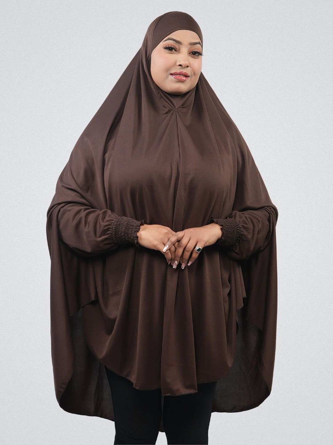 

URBAN KANYA Round Neck Solid Khimar With Adjustable Mouth Piece Hijab, Brown