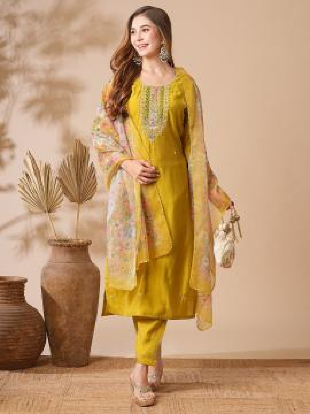 

Moda Rapido Women Ethnic Motifs Embroidered Regular Kurta with Trousers & With Dupatta, Yellow