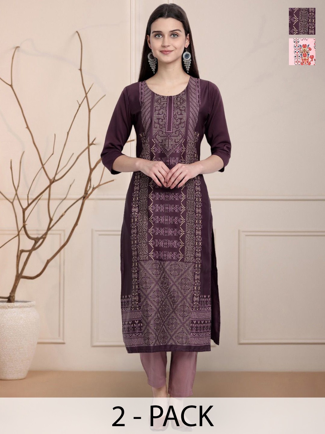 

Moda Rapido Purple & Pink Selection Of 2 Ethnic Motifs Printed Straight Kurtas