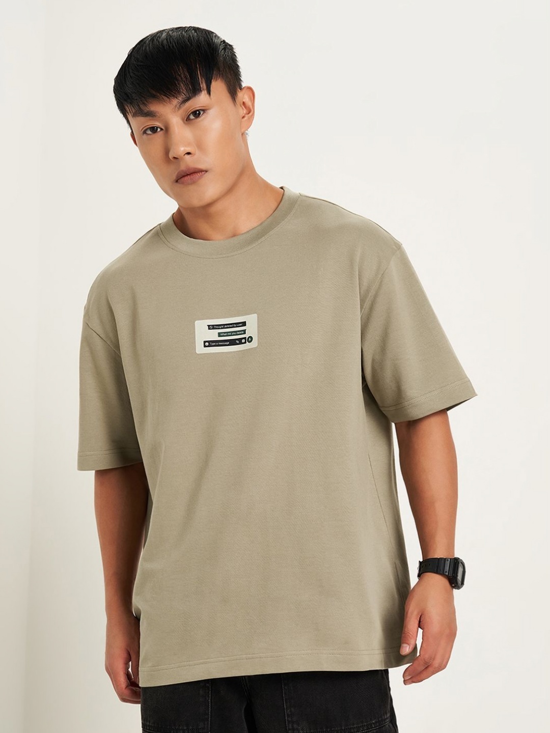 

People Men Typography Applique Boxy T-shirt, Khaki