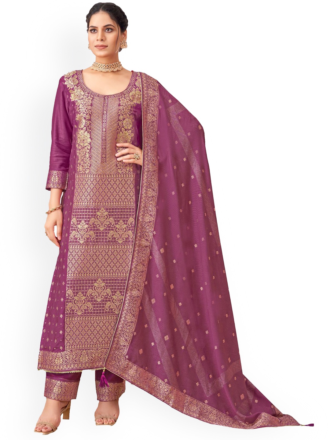 

DRAVINAM Trends Floral Printed Pashmina Unstitched Dress Material, Purple