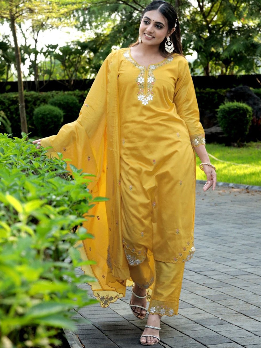 

Moda Rapido Floral Embroidered Pure Cotton Notch Neck Kurta With Trousers And Dupatta, Yellow