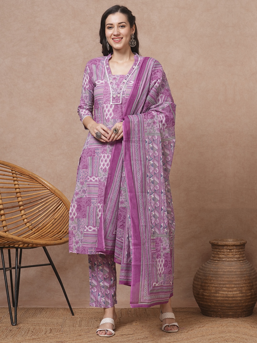 

FASHOR Women Ethnic Motifs Printed Regular Pure Cotton Kurta with Trousers & With Dupatta, Mauve