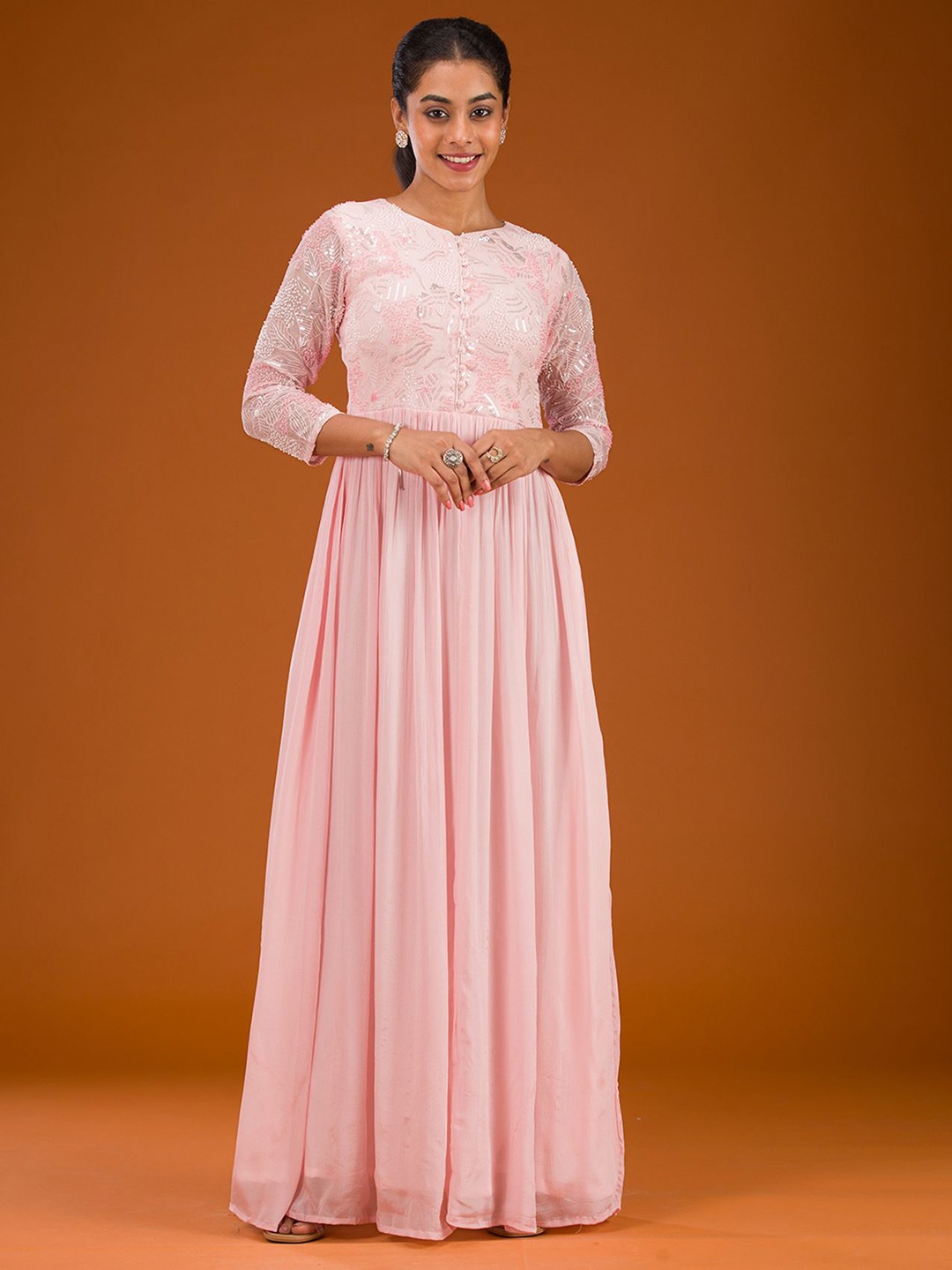 

Koskii Floral Embroidered Sequinned Georgette Anarkali Kurta With Trouser & Dupatta, Pink