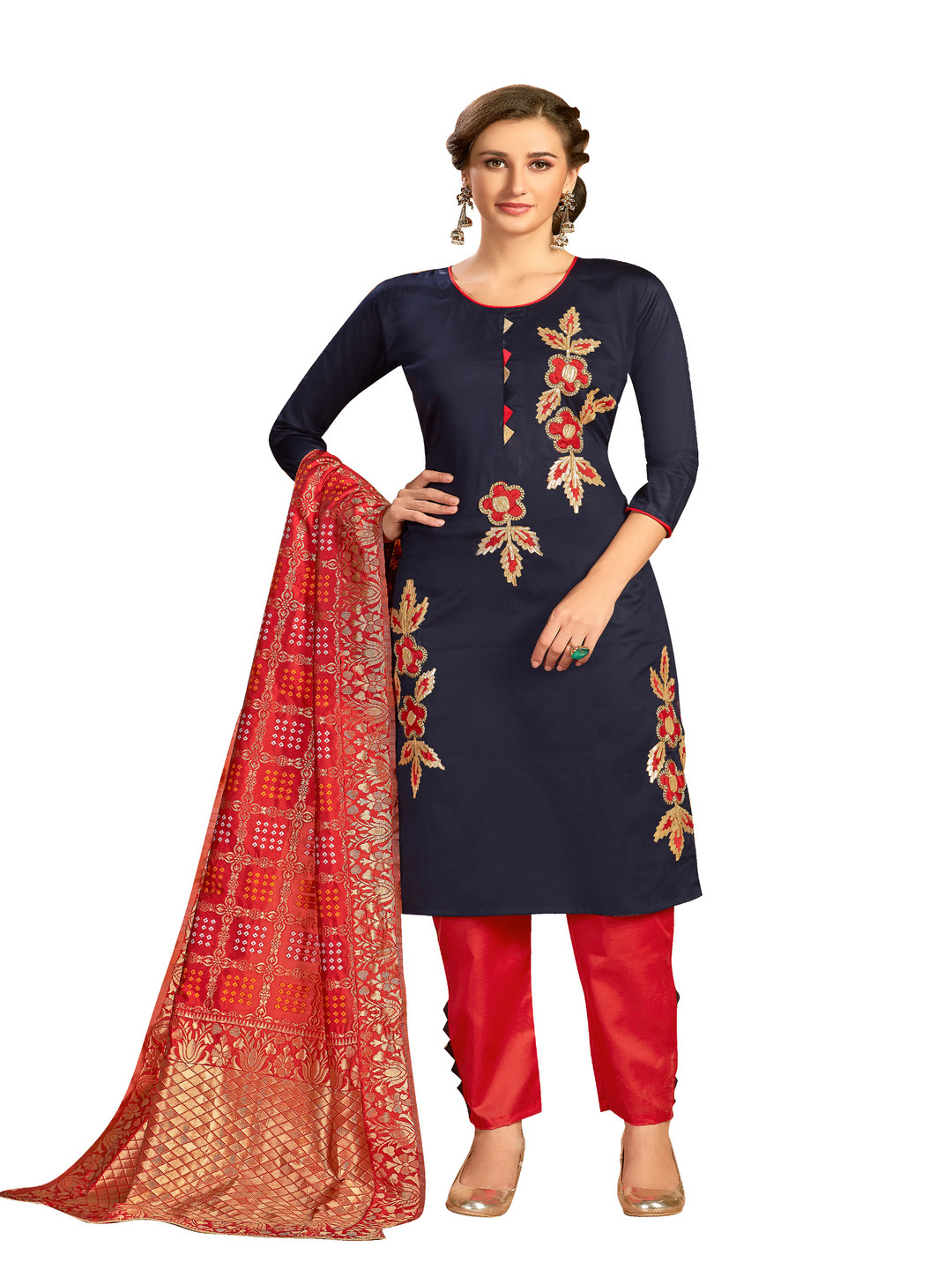 

HERE&NOW Floral Embroidered Gotta Patti Glaze Cotton Unstitched Dress Material, Navy blue