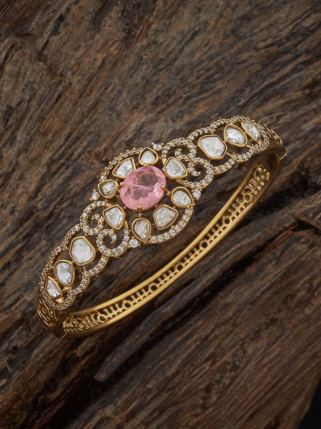 

Kushal's Fashion Jewellery Pink Victorian-Plated Cubic Zircon -Studded Bangle, Gold