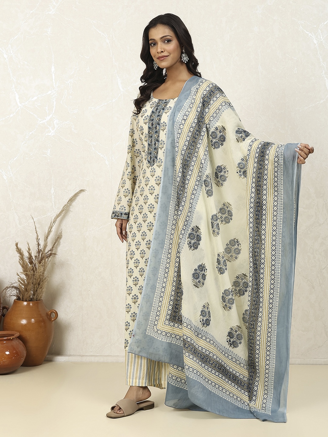 

Biba Ethnic Motifs Printed Pure Cotton Unstitched Dress Material, Blue