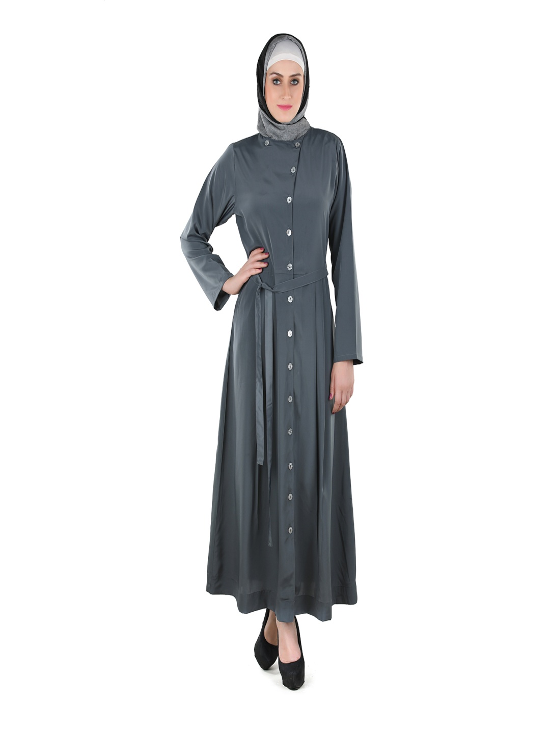 

MOMIN LIBAS Front Open Abaya, Grey