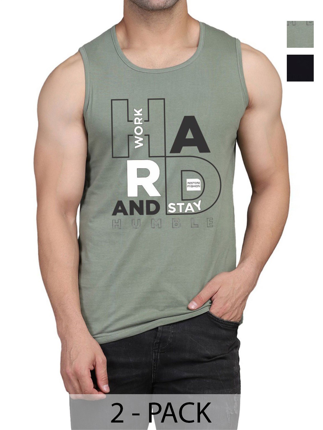 

WOOSTRO Men Pack Of 2 Typography Printed Round Neck Cotton Slim Fit T-shirts, Green