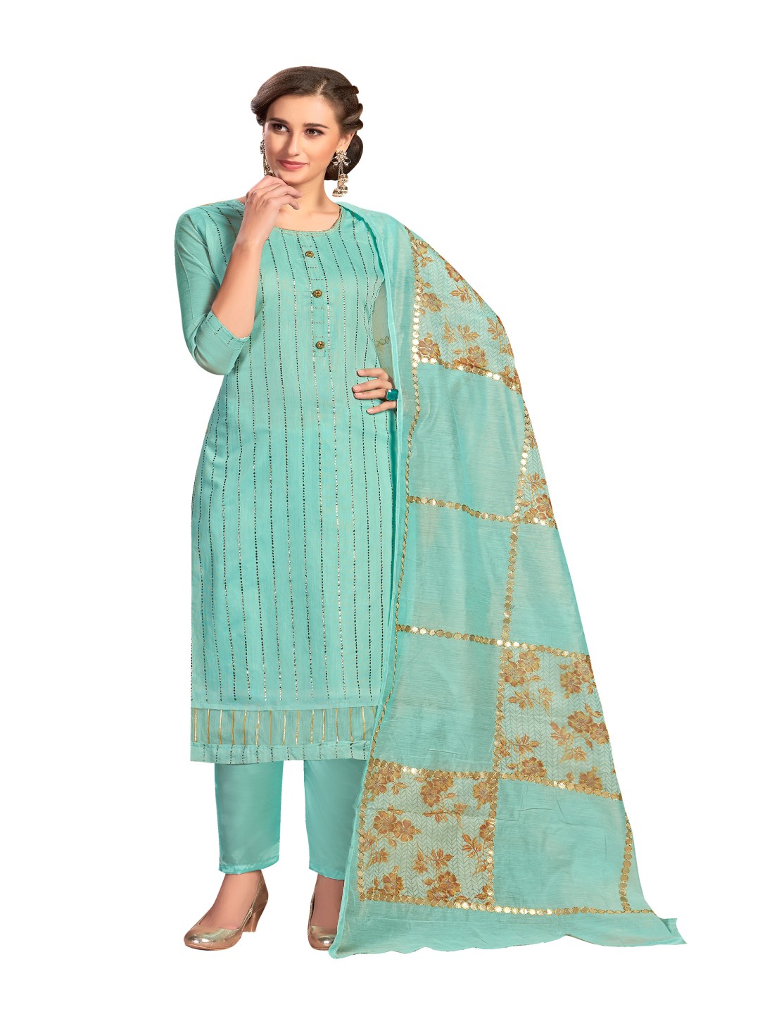 

HERE&NOW Striped Sequinned Unstitched Dress Material, Sea green
