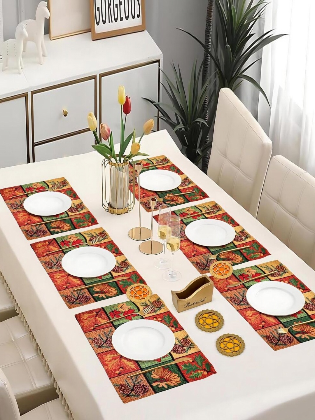 

PRAKARTIK Green & Red 13 Pieces Floral Printed Table Placemats & Coasters