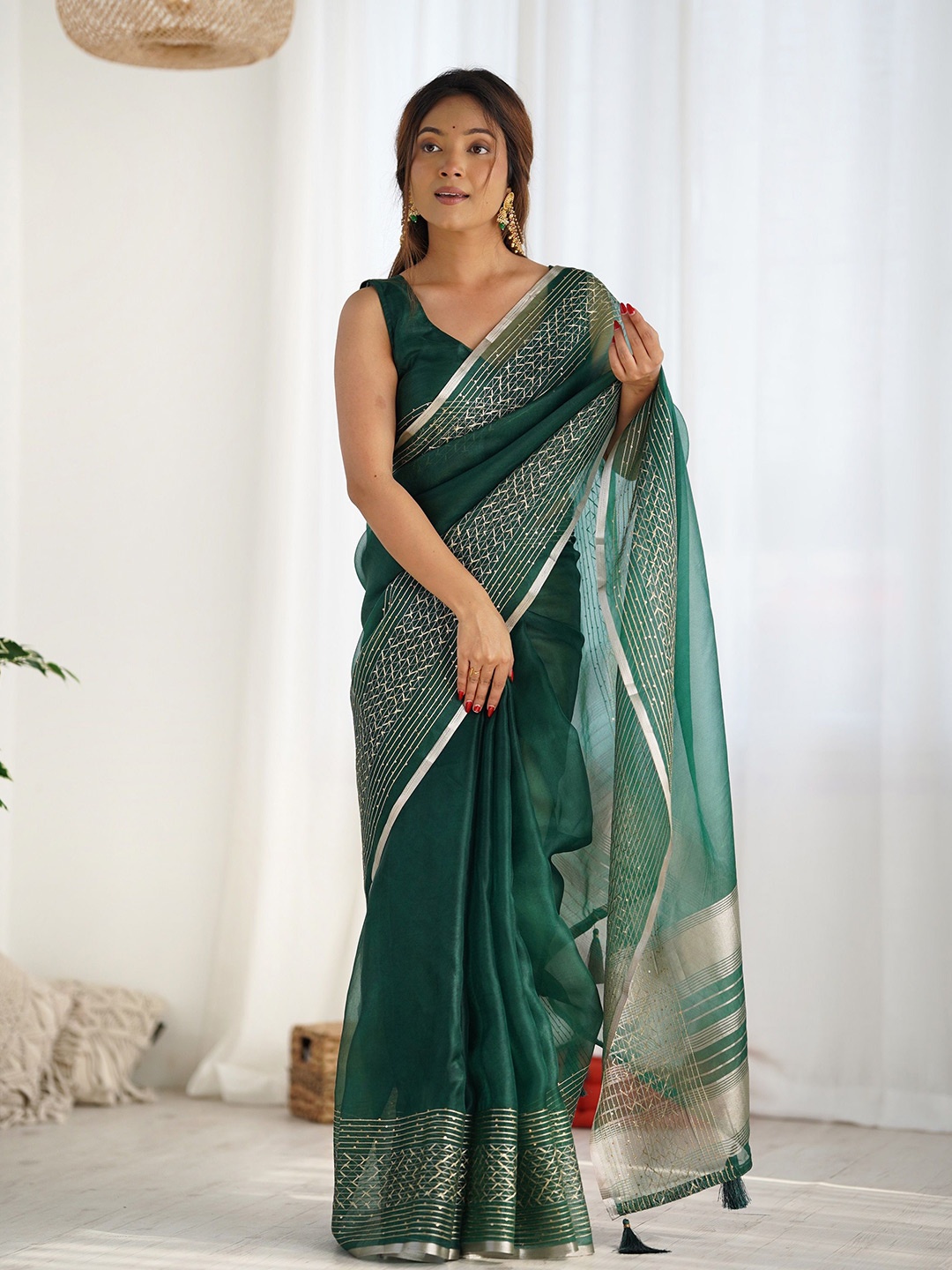 

J.KANJI Zari Organza Khadi Saree, Green