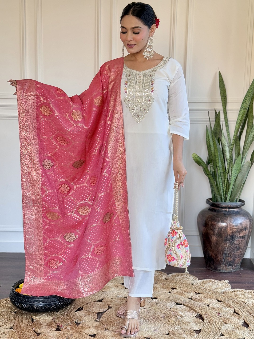 

Moda Rapido Floral Embroidered Sequnnied Kurta With Trousers And Dupatta, White
