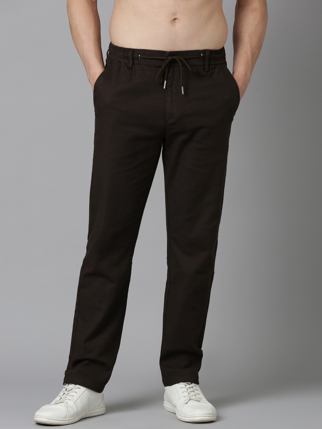 

NEVER NEUD Men Relaxed Fancy Linen Trousers, Brown
