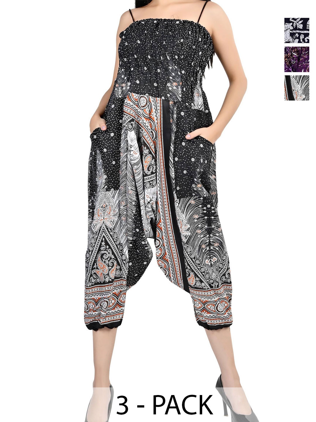 

NarNari Women Pack Of 3 Printed Harem Pants, Black