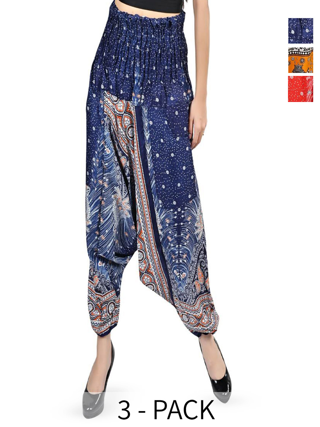 

NarNari Women Pack Of 3 Ethnic Motifs Printed Mid-Rise Loose Fit Harem Pants, Blue