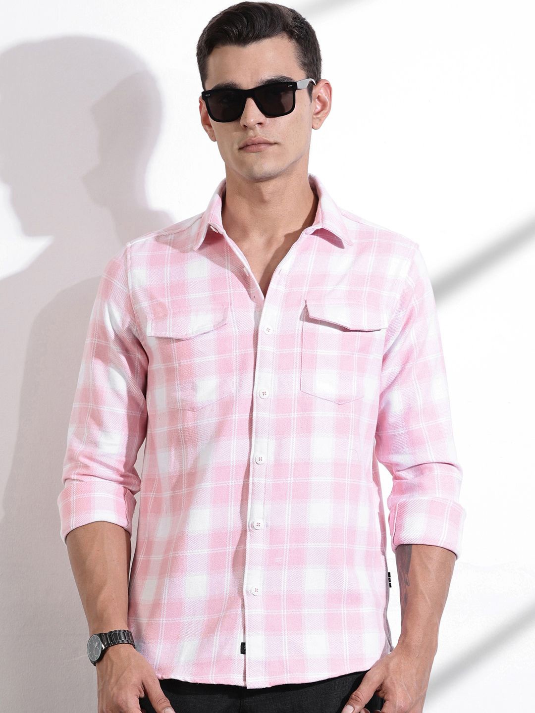 

Thomas Scott Men Premium Windowpane Checks Opaque Checked Casual Shirt, Pink